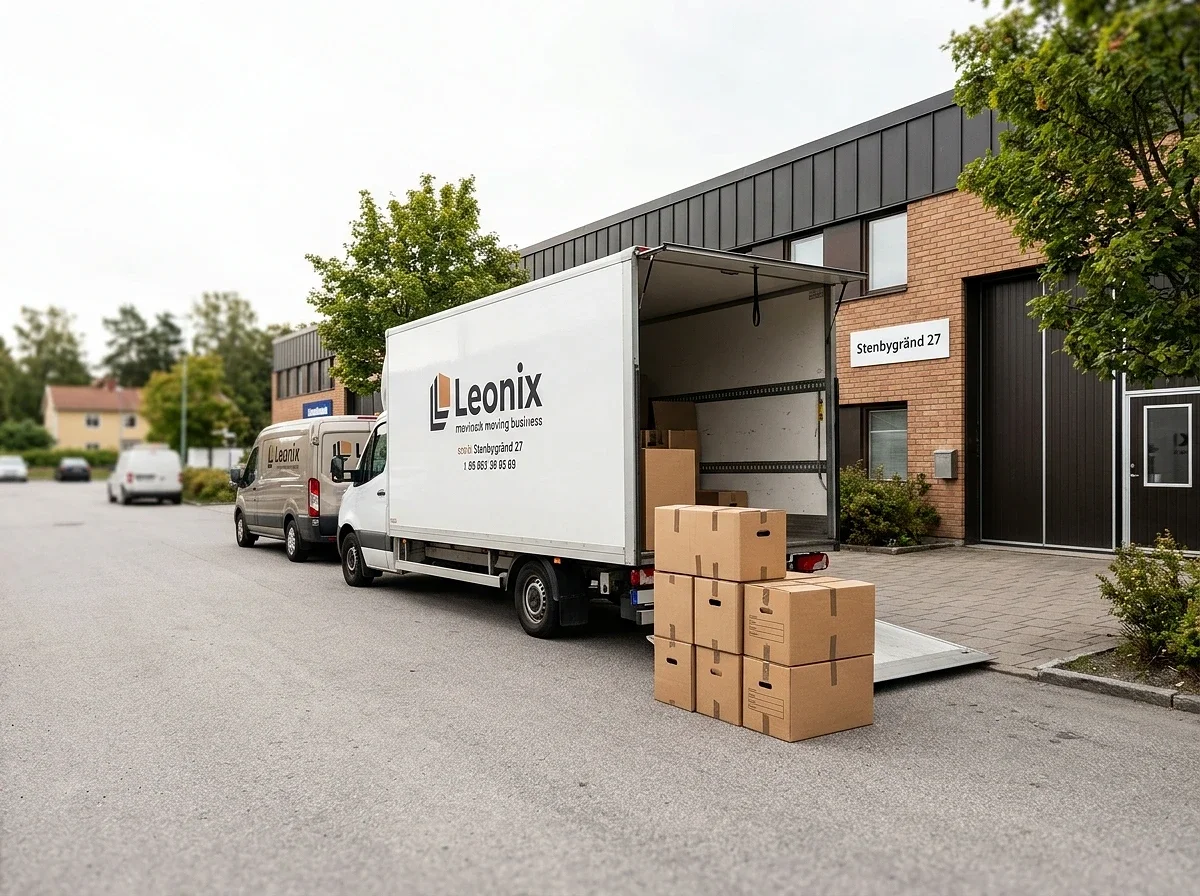Leonix flyttbil med öppen lastutrymme och kartonger utanför byggnad.