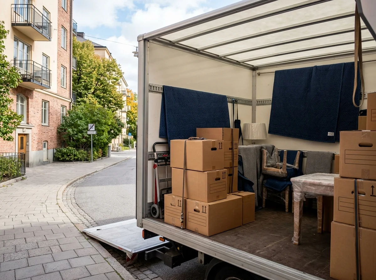 Öppen flyttbil lastad med kartonger och möbler på stadsgata.