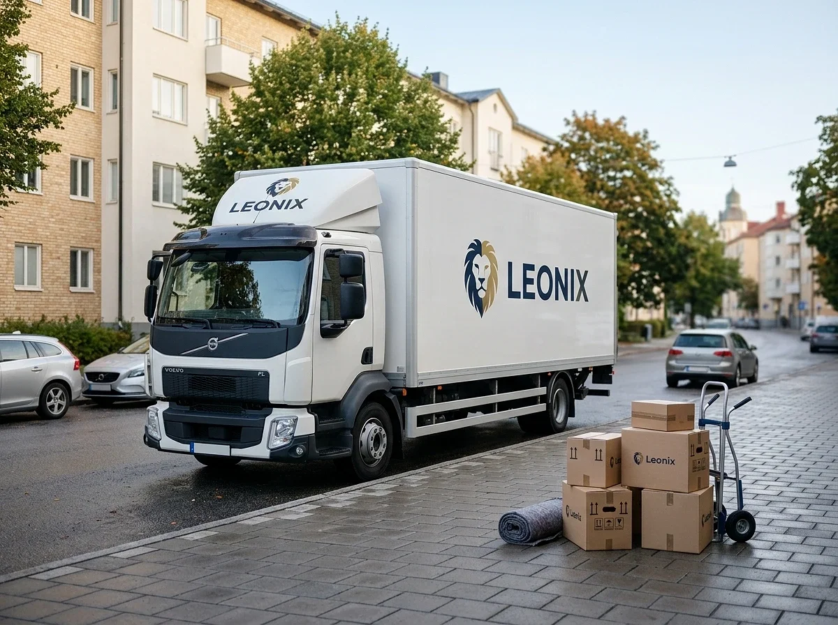 En vit Leonix-lastbil med kartonger och en säckkärra på gatan.