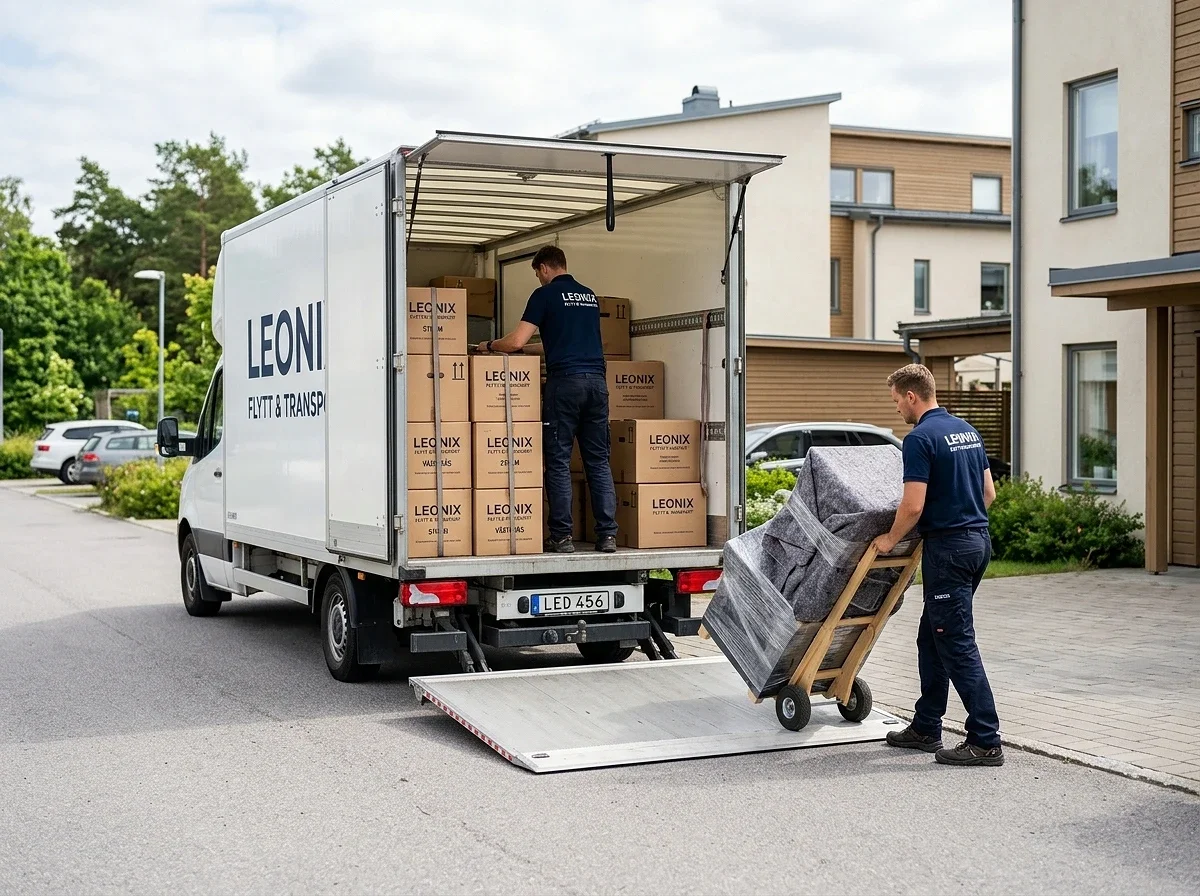 Två flyttarbetare lastar kartonger och möbler i en flyttbil.