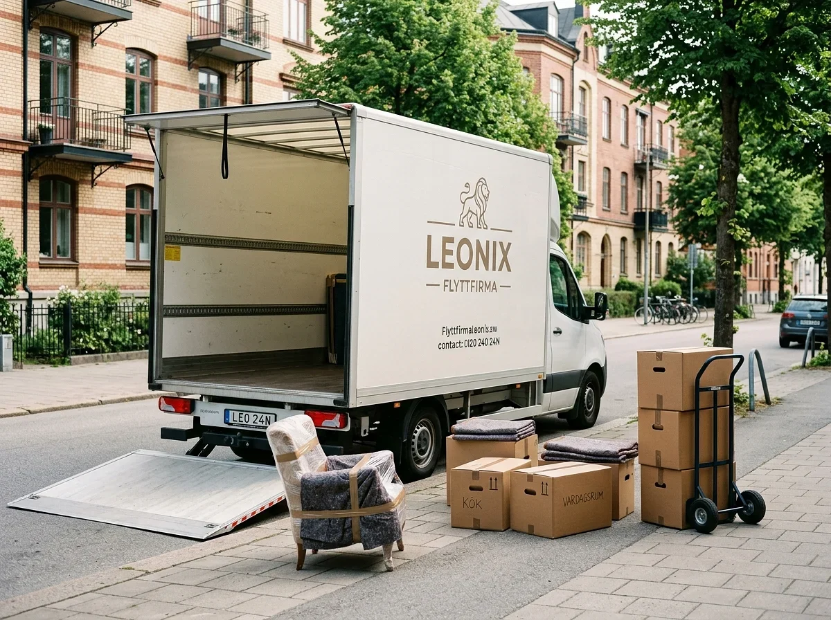 Leonix flyttfirmas lastbil med kartonger och möbler på gatan.