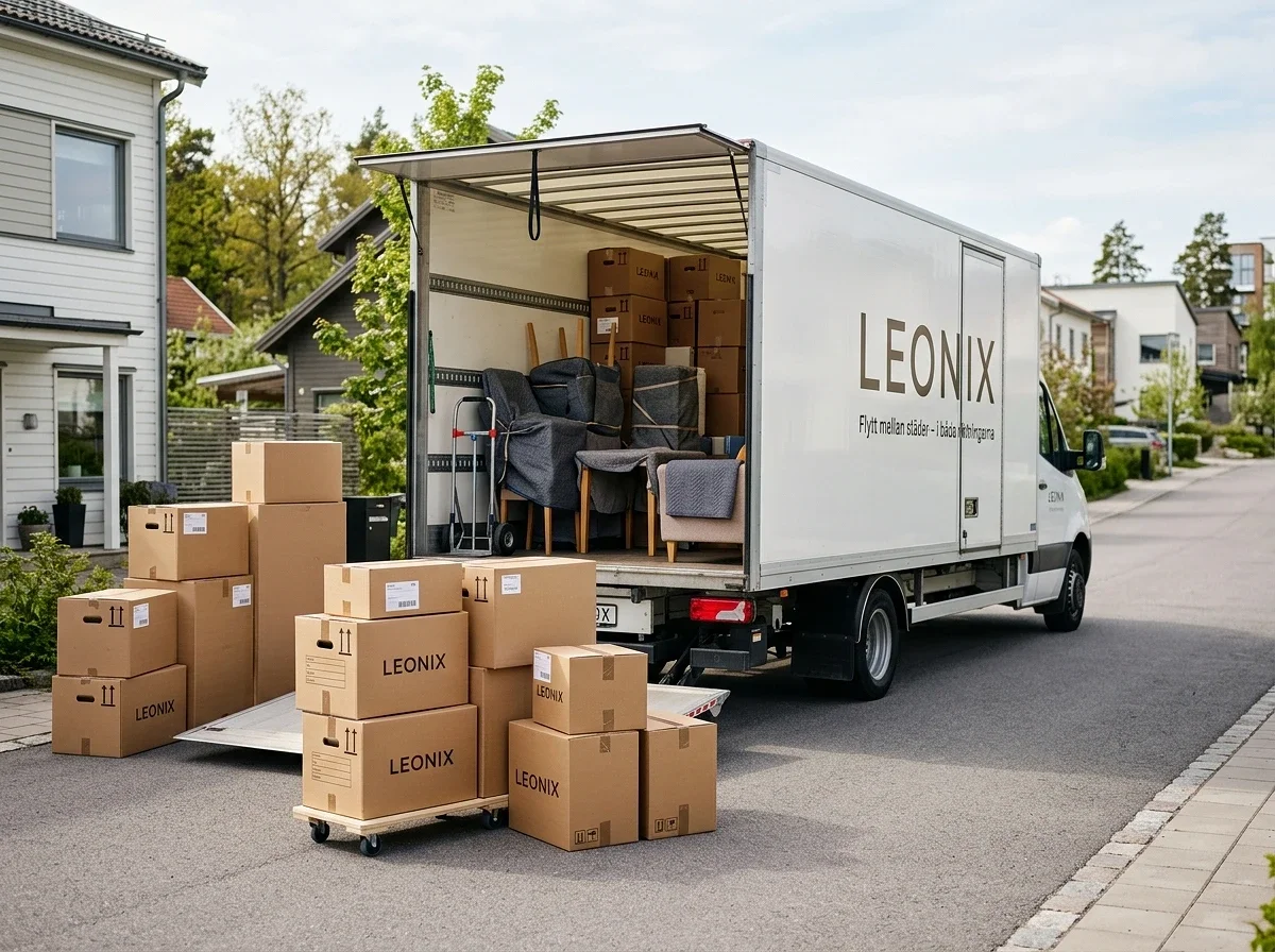 En Leonix-flyttbil med kartonger och möbler utanför ett bostadsområde.